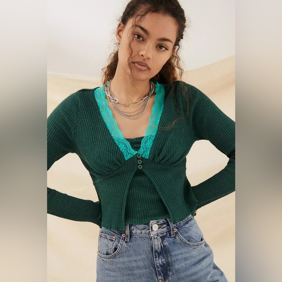 Urban outfitters dark green with a teal lace half button up top. - Picture 9 of 16